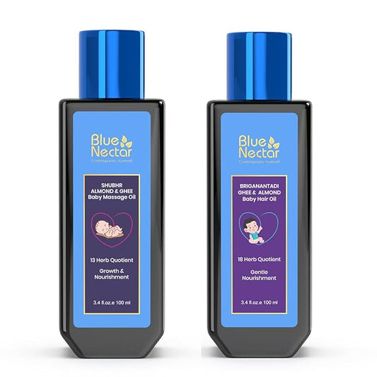 Blue Nectar Ayurveda Gentle Baby Oil for Newborn Skin Care -Moisturizing Baby Massage Oil(3.38 Fl Oz) Along with Baby Hair Oil with Organic Ghee, Almond Oil, Coconut Oil (3.38 Fl Oz)