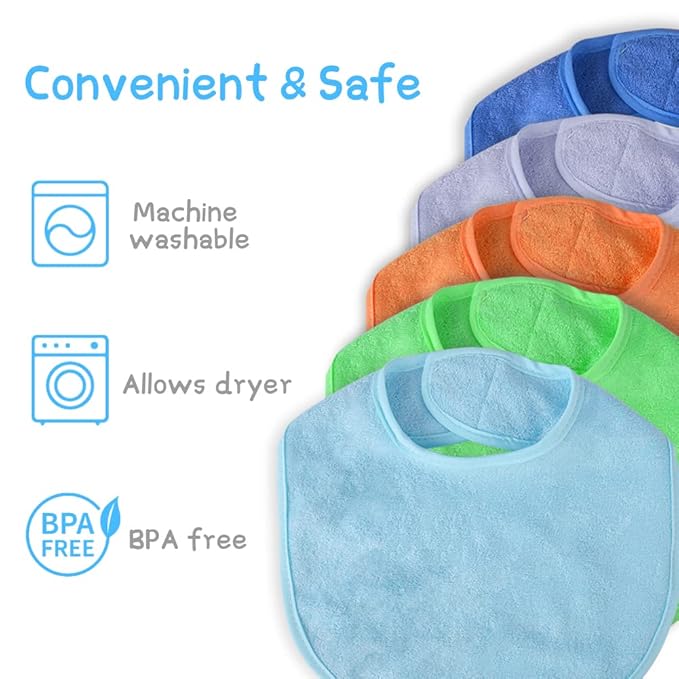 Vicloon Baby Bibs, 8Pcs Terry Bib Set, Baby Bibs for Girls & Boys, Terry Drool Cotton Bibs Waterproof Protection, Soft Absorbent Set for Teething and Drooling, Adjustable Hook-&-Loop Closure(color)