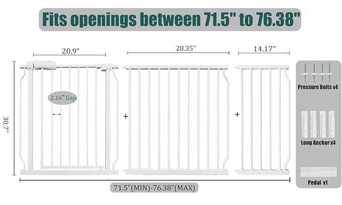 71.5-76.3 Inch Extra Wide Baby Gate, Heavy-Duty Metal Safety Gate for Stairs & Hallways, White Pressure Mounted with Extension Kit