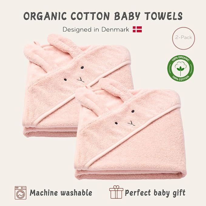 Baby Hooded Towel – Organic Cotton Baby Bath Towels, 32" x 32" Super-Soft and Absorbent Baby Towels for Newborn 2-Pack (Rabbit Blush)