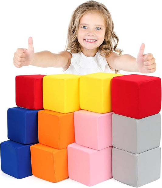 Foam Blocks for Toddlers, 12 Pieces Soft Building Blocks for Kids, Large Foam Cubes Colourful Stacking Block Sets - Throw & Play Toys with Washable Cover(Pink, Dark Blue, Yellow, Orange, Red, Gray)