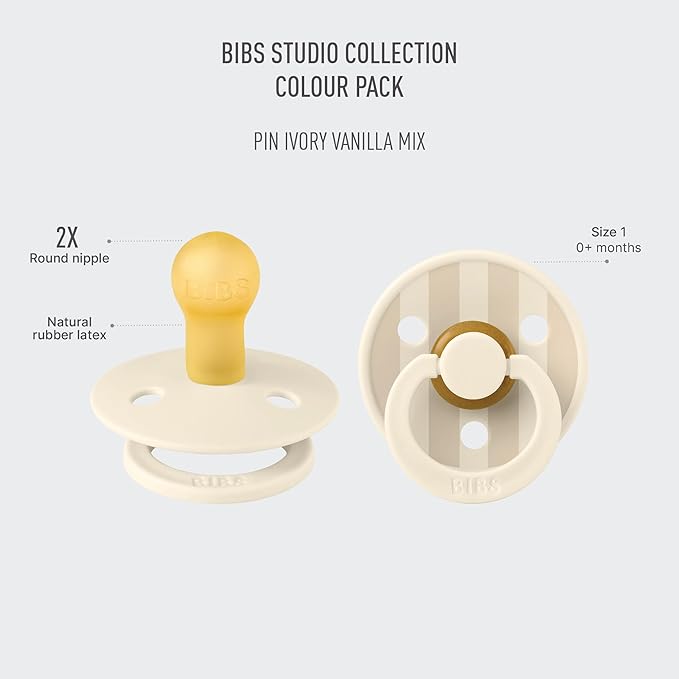 BIBS Pacifiers - Studio 2 Pack | Round Nipple Baby Pacifier | BPA Free Natural Rubber Latex Soother | Made in Denmark | Size 0+ Months | Pin Ivory Vanilla