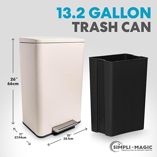50 Liter / 13.2 Gallon Soft-Close, Smudge Resistant Trash Can with Foot Pedal and Built in Filter- White Color