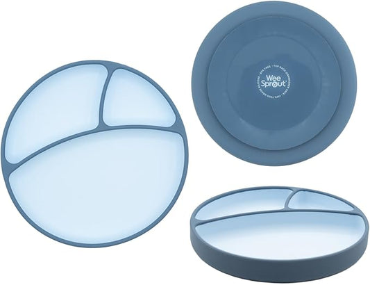 WeeSprout Silicone Suction Plate - Two-Tone Baby Plate with Suction Cup - Sectioned Divided Dish for Kids, Infants, Toddlers - Food-Grade Silicone Dinnerware (Pastel Blue/Matte Navy)