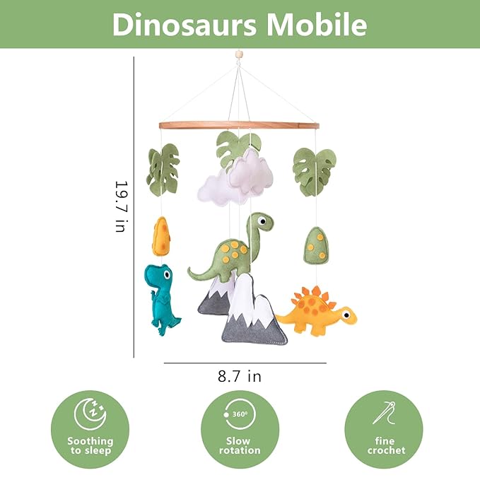 Dinosaur Baby Crib Mobile, Dino Baby Mobile, Neutral Nursery Mobile Decoration for Pack N Play, for Baby Boy & Girl