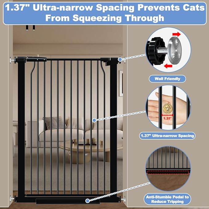 40.55" Extra Tall Baby Gate for Stairs-29.6"-40.5" Wide 1.37" Ultra Narrow Spacing Extra Wide Pet Cat Gate Dog Gate-Auto-Close Pressure Mounted Dog Door for Pets and Kids,Black(29.6"-40.5")