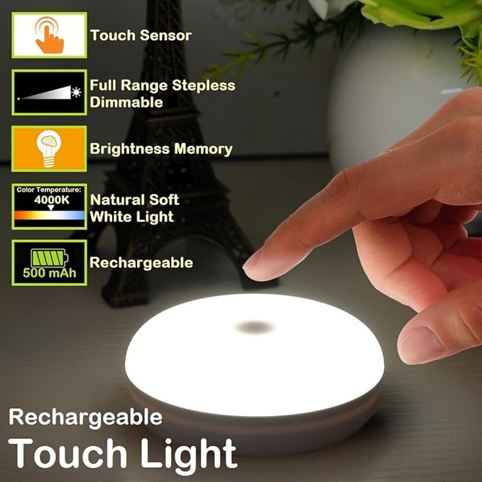 Rechargeable Touch Light, DIY Stick Anywhere Led Night Light Touch Lamp Tap Light (Touch Sensor Switch, Stepless Dimmer, Last Setting Memory, Built-in Battery Powered, Warm White Light)