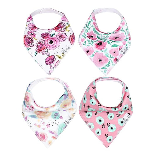 Copper Pearl 4 Pack Soft Cotton Baby Bibs for Drooling and Teething, Absorbent Drool Bibs for Baby Girl and Boy, Adjustable to Fit Newborns to Toddlers, Tons of Styles (Bloom)