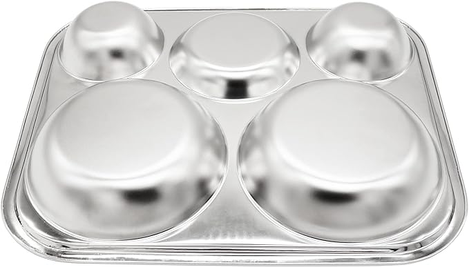 Korean Stainless Steel Divided Plates, Food Grade 304 Tray Large Size for Adults, Teens, Picky Eaters, Campers, BPA Free, Diet Portion Control, Serving Platter, Dinner Snack, Set of 2