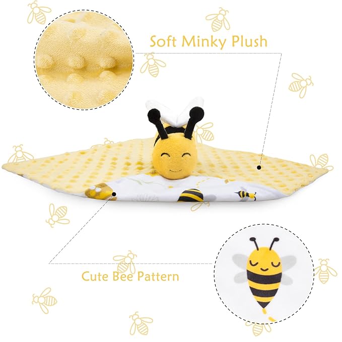 BORITAR Baby Security Blanket Soft Baby Lovey Unisex Lovey Shower Gifts for Newborn Boys and Girls Snuggle Toy Bee Stuffed Animal Yellow 14 Inch