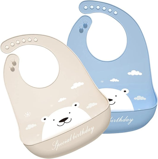 Silicone Bibs for Babies and Toddlers 2 Sets Feeding Bibs for Boy and Girl, Adjustable Soft Waterproof Bibs