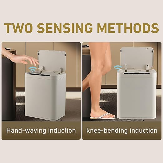 ELPHECO Stainless Steel Office Trash Can Motion Sensor Garbage Can Touchless Smart Trash Can Automatic Waste Bin for Kitchen, Office, Bathroom (Cream Beige, 3.5 Gallons)