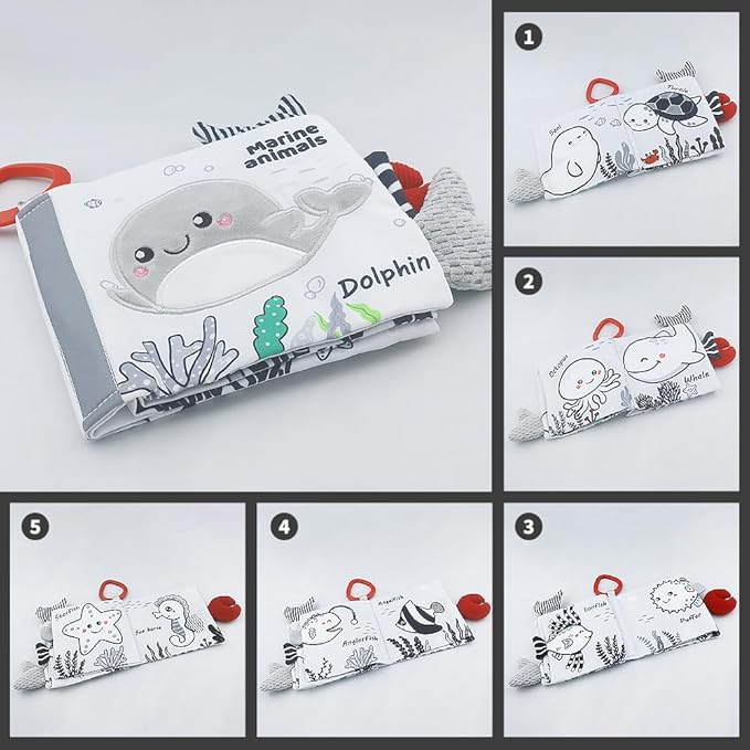 Baby Activity Travel Mobile Arch Bassinet Toy, Black and White High-Contrast Crib Toys, with Rattle and Book, Strolle,Pram and Crib Attachment with Hanging Toys (Ocean)