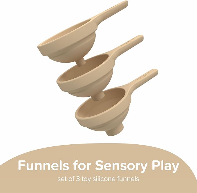 Inspire My Play 3 x Natural Silicone Collapsible Funnels for Kids - Sensory Play Funnel Toys for Kids - Pouring Toys for Toddlers - Food Safe Sensory Bin Tools and Accessories