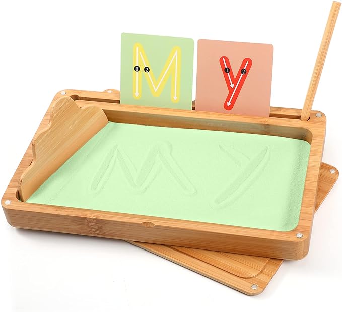 Sand Tray for Classroom Wooden Montessori Sand Tray with Lid for Kids Writing Letters and Numbers, Preschool Classroom Must Haves, Kindergarten Learning Tools (Green)