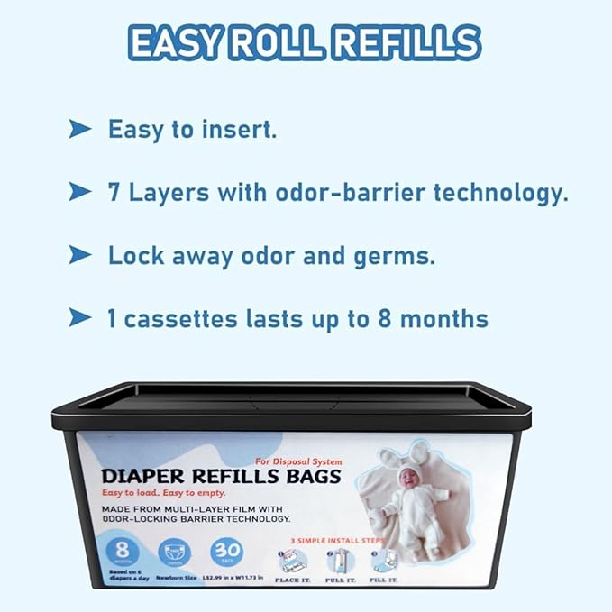 Diaper Pail Refills Bags with 30 Bags, Compatible with Genie Easy Roll Signature Diaper Pail and Platinum Diaper Pail, 7-Layer Odor-Barrier Technology, 2 Pack (60 Bag)