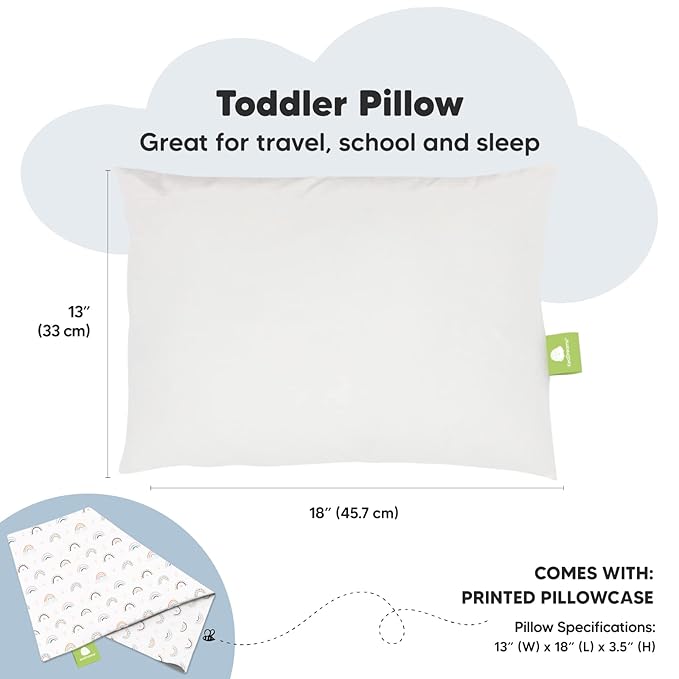 Toddler Pillow with Pillowcase - 13x18 My Little Dreamy Kids Travel Bed Pillows for Sleeping, Organic Cotton Small Pillowcase, Soft & Breathable, Machine Washable,Toddlers 2-5 years old(Jolly Rainbow)