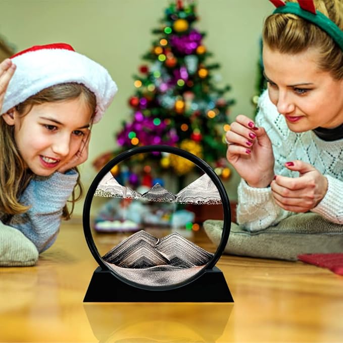 Aoderun Moving Sand Art Picture Round Glass 3D Deep Sea Sandscape in Motion Display Flowing Sand Frame Relaxing Desktop Home Office Work Decor (7", Black)