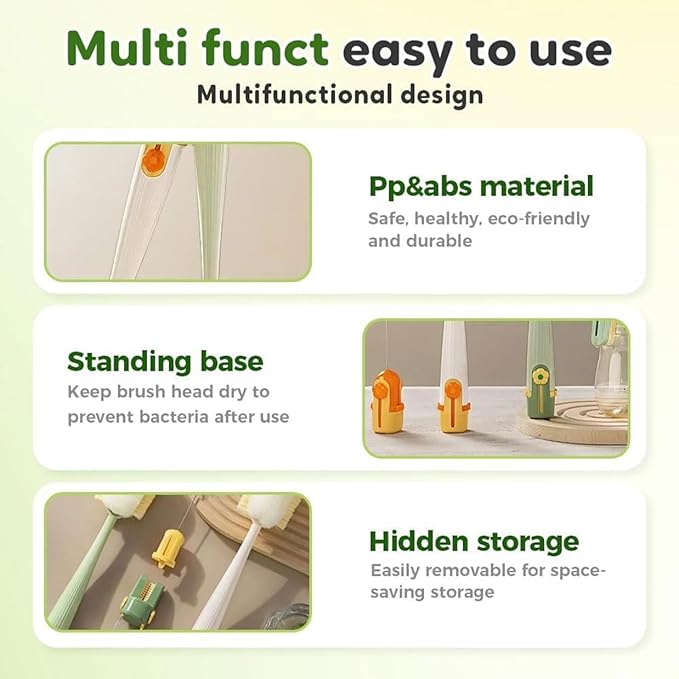 5-in-1 Bottle Cleaning Brush Set, 2026 New Multifunctional Baby Bottle Brush with Long Handle, Gap Cleaner & Scrubber for Water Bottle Lid, Straw, Travel Mugs and Home Kitchen Use (Green-3 Heads)