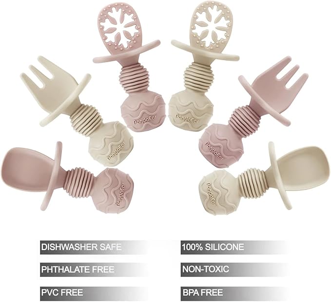PandaEar 4 Pack Silicone Baby Spoons Forks Feeding Set, Toddler Utensils Baby Led Weaning Supplies, First Stage Baby Spoon Self Feeding 6 Months Old Baby Essentials