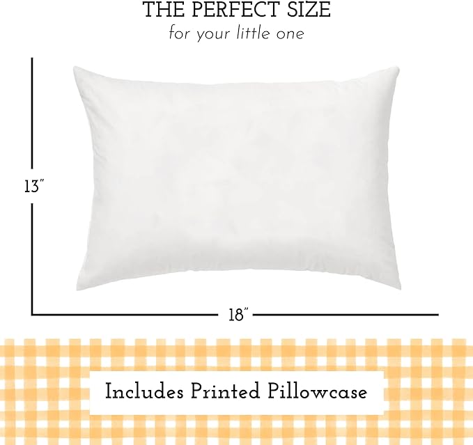 Little Sleepy Head Toddler Pillow with Pillowcase 13x18 - Kids Pillow for Sleeping - Better Neck Support Ergonomic Pillow and Toddler Pillowcase - Best Pillows for Kids (Gingham Yellow)