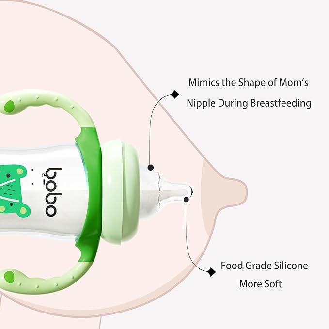 YOHKOH Natural Glass Baby Bottle with Natural Response Nipple, Wide Neck Baby Bottles with Handle, Newborn Anti-Colic Baby Bottles Gift Set, Clear (5.4oz (Pack of 2), Green)