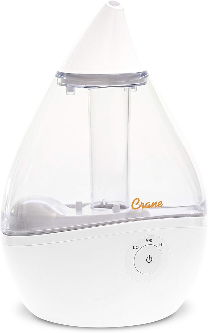 Crane Ultrasonic Teardrop Humidifier for Baby, Cool Mist, Auto Shut off, Adjustable Humidity, for Nursery, Bedroom, Clear and White, 0.5 Gallon