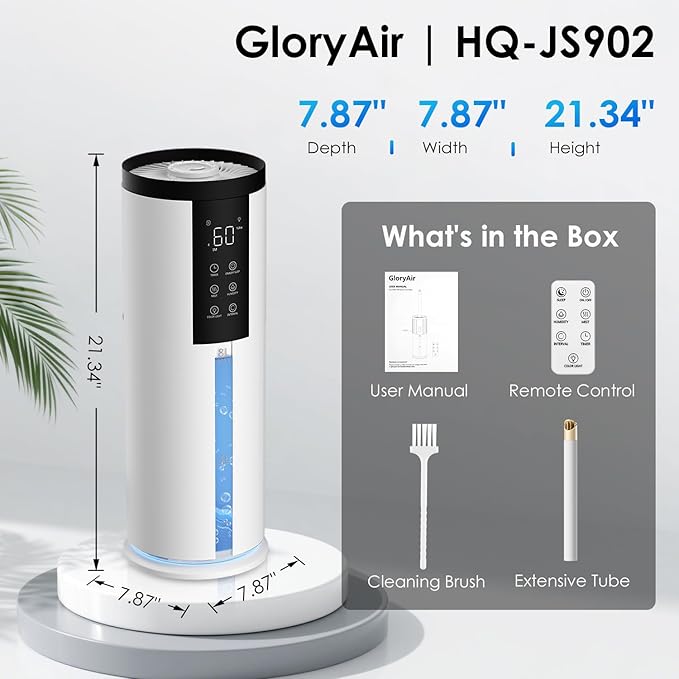 Humidifiers for Large Room 550 ft² - GloryAir 8L Cool Mist Humidifier for Bedroom Home Plants Baby, Top Fill, 120H Runtime, 4 Mist Spray Levels, 7-Color Light, 35dB Quiet Humidifier