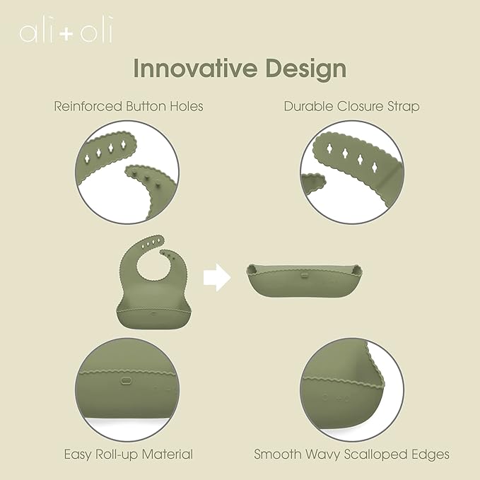 Ali+Oli Silicone Bib Waterproof Silicone Bibs for Babies & Toddlers Adjustable Feeding Bibs with Food Catcher Feeding Bucket