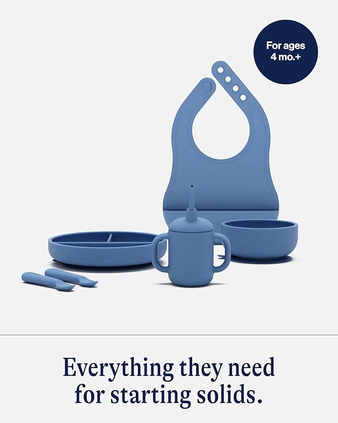 Lalo First Bites Silicone Baby Feeding Set - Baby Led Weaning Supplies - Non-Toxic Silicone - Includes 1 Bib, 2 Spoons, Training Cup, Suction Plate and Bowl - 6 Pieces - Blueberry