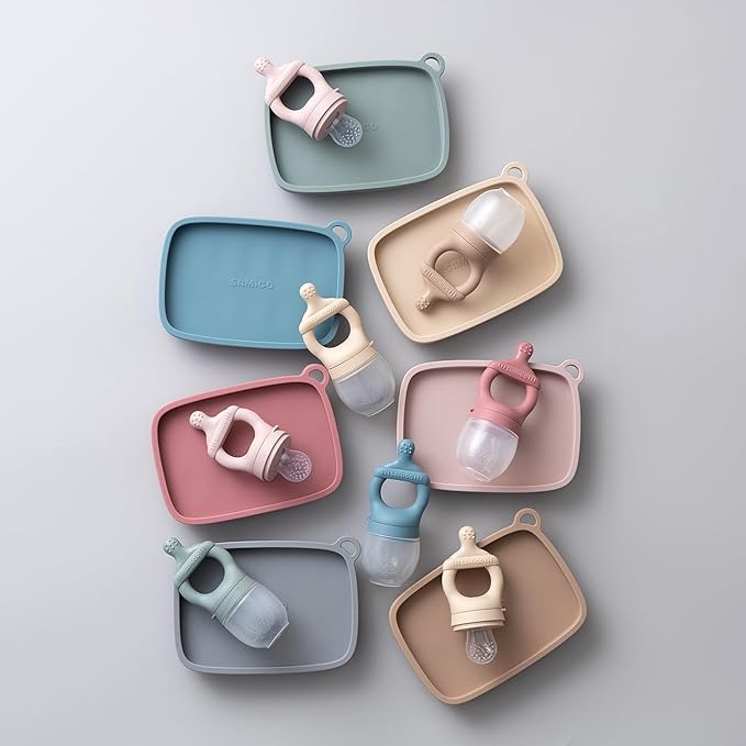 SAMiGO Baby Food Fruit Feeder and Breastmilk Popsicle Mold Set, Silicone Fruit Teether, Food Feeder Pacifier for Teething Relief, Freezer Tray, Baby Feeding Essentials, 4 Months+