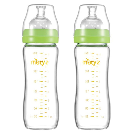 Matyz Glass Breastmilk Baby Feeding Bottle with Nipple, 2 Pack, 8 oz Slim and Light Bottle Easy to Hold, Food Grade Borosilicate Glass, Wide Neck Easy to Clean, No BPA (Green Lids)