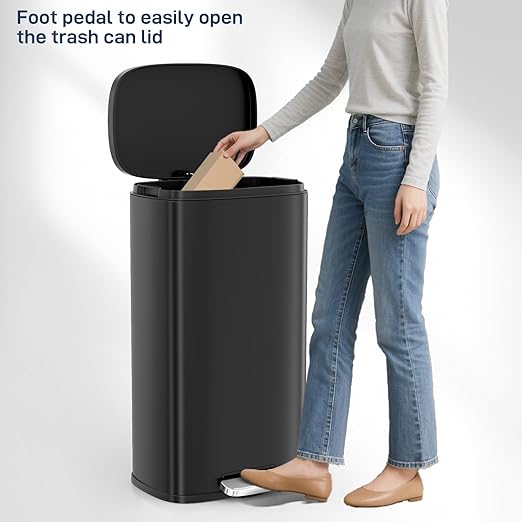 Arlopu 8 Gallon Step Trash Can, Stainless Steel Garbage Bin, Soft-Close Rubbish Bin with Removable Plastic Inner Bucket, Fingerprint-Proof, Lid Dustbin, Suit for Kitchen Home (Black, 30L)