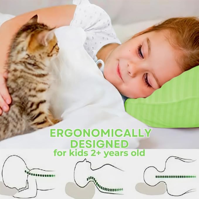 kinder Fluff Toddler Pillow (2Pack) 10x15in - First Pillow for Kids Age 2+, 100% Cotton Sateen Stripes Shell 300T, Down Alternative Fill, Machine Washable - Children & Travel Cushion - Green - XS