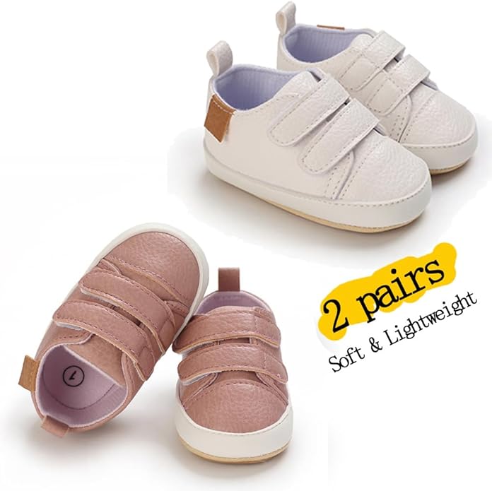 2Pairs Baby Shoes,Boys Girls Non-Slip Rubber Sole Sneakers,Unisex Infant Soft Lightweight First Walking Crib Shoes