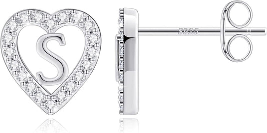 Anoup Christmas Gifts for Grandkids Girls Earrings - S925 Sterling Silver Post CZ Hypoallergenic Stud Heart Initial Earrings for Women Kids Jewelry Stocking Stuffers for Teen Girls Birthday Gifts