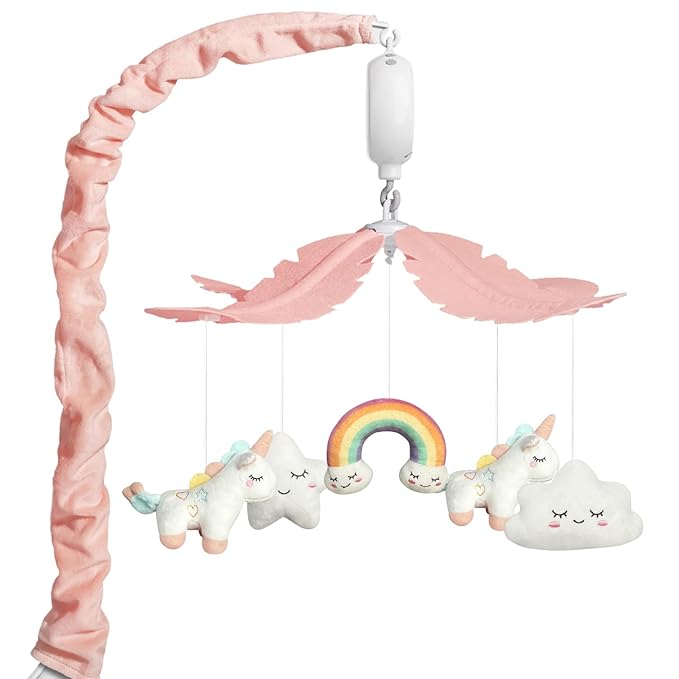 Crib Mobile for Girls - Pink and White Unicorn & Weather Theme, Mobile for Crib with 35 Lullabies & 3 Modes Music Box, Nursery Decoration for Infant Soothing & Sleep