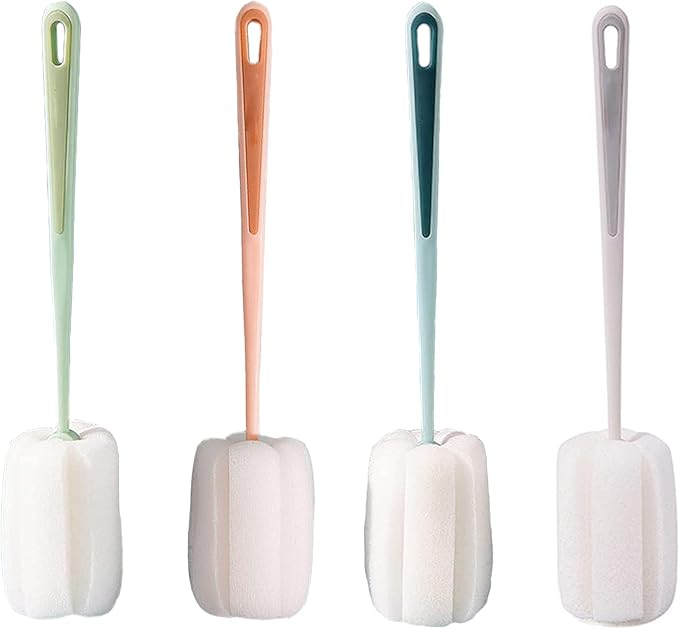 4 Pcs Sponge Bottle Brush, Long Handle Bottle Brush Portable Bottle Cleaning Brush with Handle for Bottles Cups Teapot