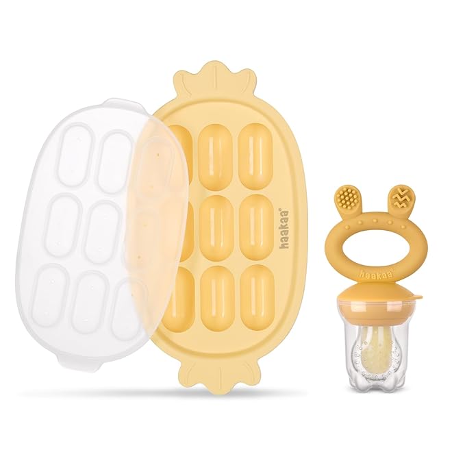 Haakaa Baby Fruit Food Feeder & Silicone Nibble Tray Combo - Breastmilk Popsicle Mold for Baby Cooling Relief, BPA Free Baby Mesh Feeder for Infant Self Feeding