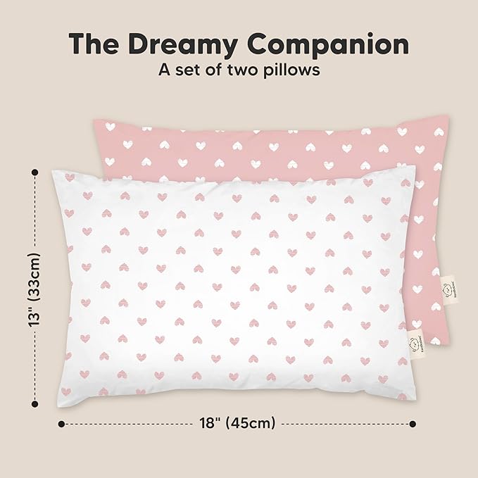 KeaBabies 2-Pack Toddler Pillow 13x18 - Soft Organic Cotton Kids Travel Bed Pillows for Sleeping, School, Nap, Machine Washable, Toddlers 2 to 5, Pillowcase Sold Separately (Hearts)