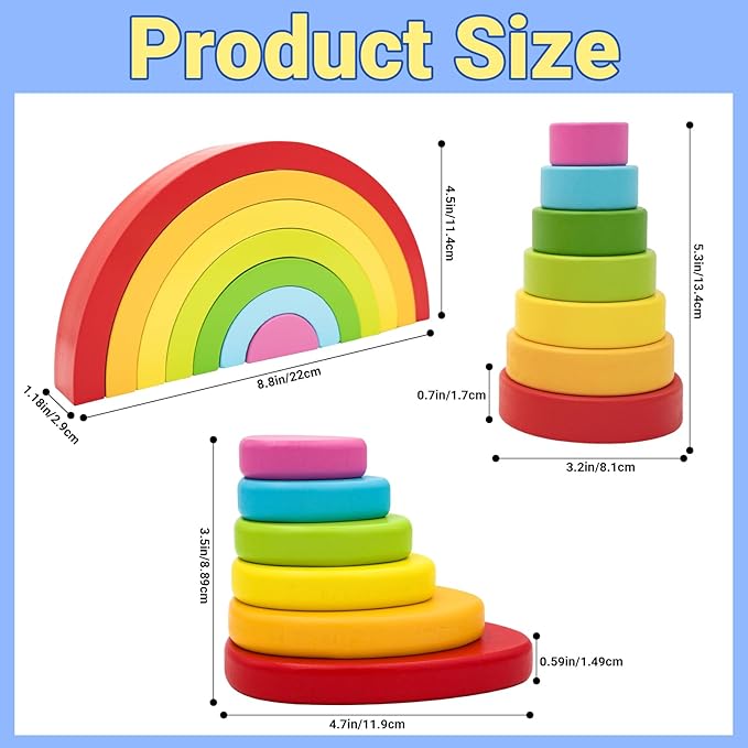 Montessori Wooden Rainbow Stacking Toys for Baby Grimms Wood Building Blocks Nesting Puzzle Toy Colorful Stacker Arch Game Sensory Educational Learning Toys for 3-5 5-8 Year Old Toddler