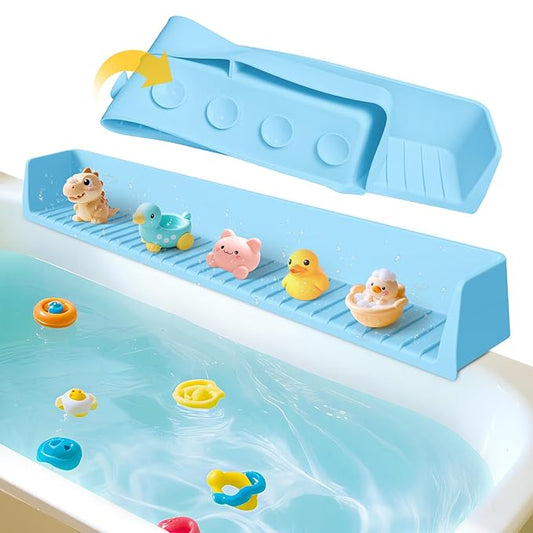 Silicone Bathtub Water Guard for Kids, Longer Play Tub Shelf with 11 Suction Cups, Toy Tray Caddy Holder Attaches to Bathtub Ledge, Prevents Water Spills in Bathroom, Fun Bath Time Storage (Baby Blue)