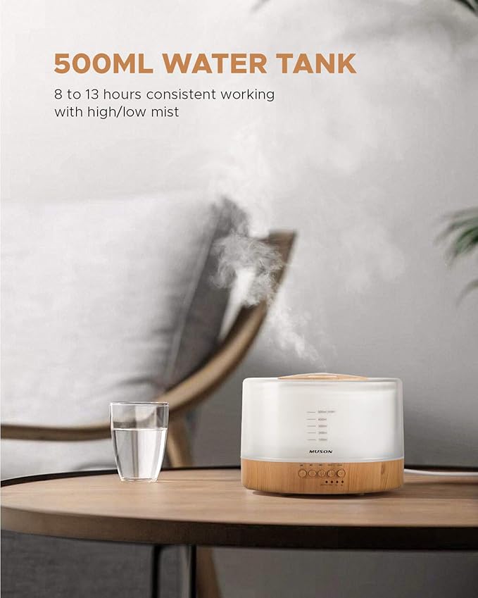 muson Essential Oil Diffuser Sound Machine Combo Diffuser for Aromatherapy Fragrant Oil Cool Mist Humidifier with Natural Sound Music & Warm Night Light, Auto Shutoff, White