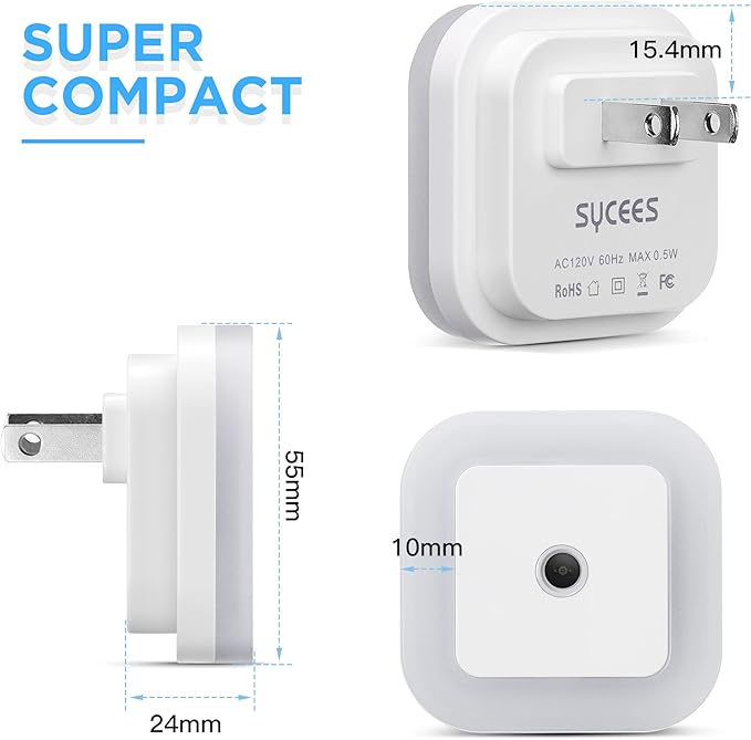 Dimmable LED Night Light with Dusk-to-Dawn Sensor for Nursery, Kids Room, Bedroom, Hallway, Stairs, Bathroom, Kitchen, Warm White, Pack of 4