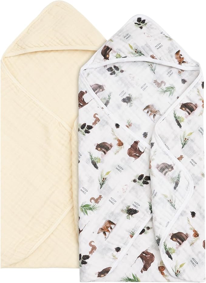 david's kids 2 Pack Hooded Baby Towels, 100% Muslin Cotton 6-Layer Ultra Soft Breathable Absorbent Baby Bath Towels for Infant and Toddler, Newborn Essentials, Large 32x32Inch, Woodland Animals