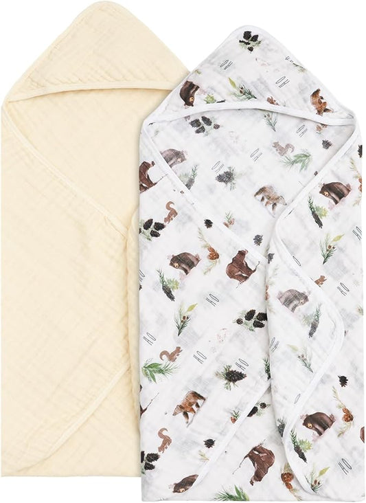 david's kids 2 Pack Hooded Baby Towels, 100% Muslin Cotton 6-Layer Ultra Soft Breathable Absorbent Baby Bath Towels for Infant and Toddler, Newborn Essentials, Large 32x32Inch, Woodland Animals