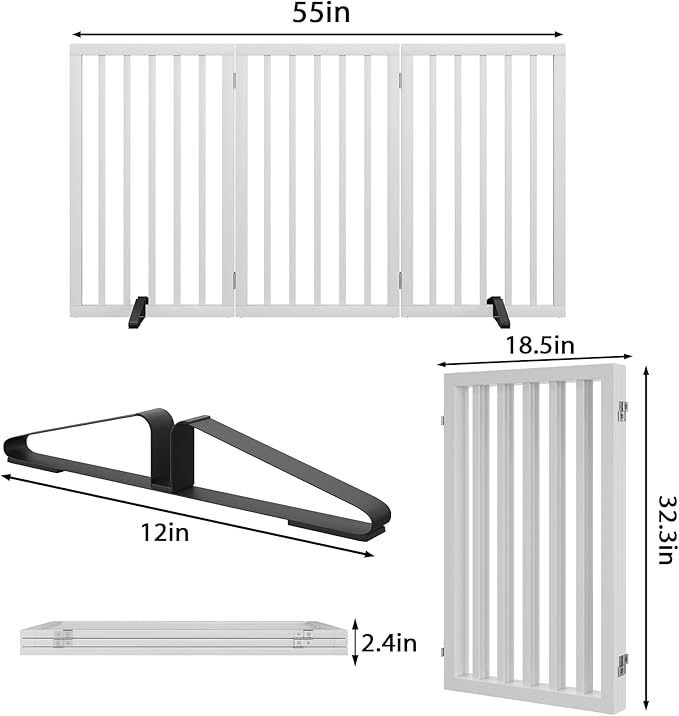 Dog Gate 32" Tall Freestanding Dog Gate for Doorways Foldable Pet Gate for Dogs Indoor (White,3 Panel)
