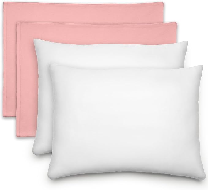 Comfy Cubs Toddler Pillow with Cotton Pillowcase, 13 x 18 in, 2 Pack - Travel and Sleep Support for Kids - Lightweight, Breathable Microfiber Fill - Soft and Cozy Small Pillow for Toddlers - Blush