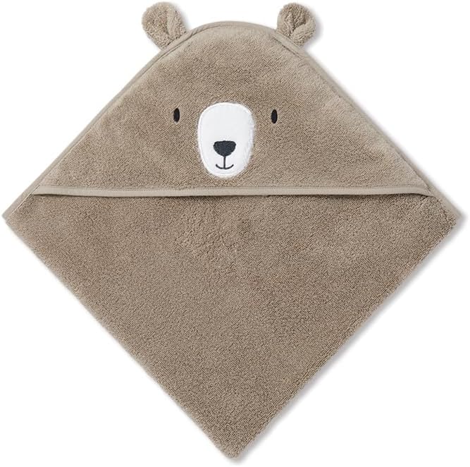 MORI Baby Hooded Bath Towel with Bear Design in Taupe - Unisex Soft Cotton Wrap Cloth for Infants and Newborns - 30 x 30”