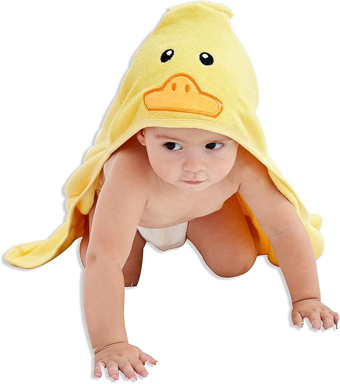 HIPHOP PANDA Hooded Towel - Rayon Made from Bamboo, Bath Towel with Bear Ears for Newborn, Babie, Toddler, Infant - Absorbent Large Baby Towel - Yellow Duck, 37.5 x 37.5 Inch
